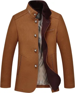 chouyatou Men's Gentle Band Collar Single Breasted Wool Blend Pea Coat