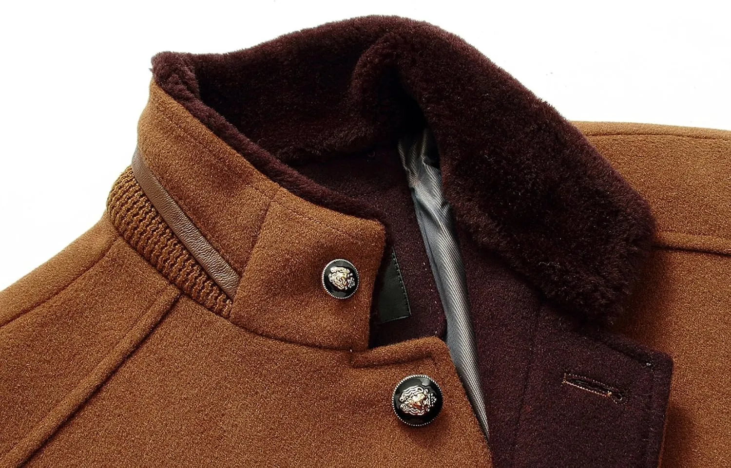 chouyatou Men's Gentle Band Collar Single Breasted Wool Blend Pea Coat