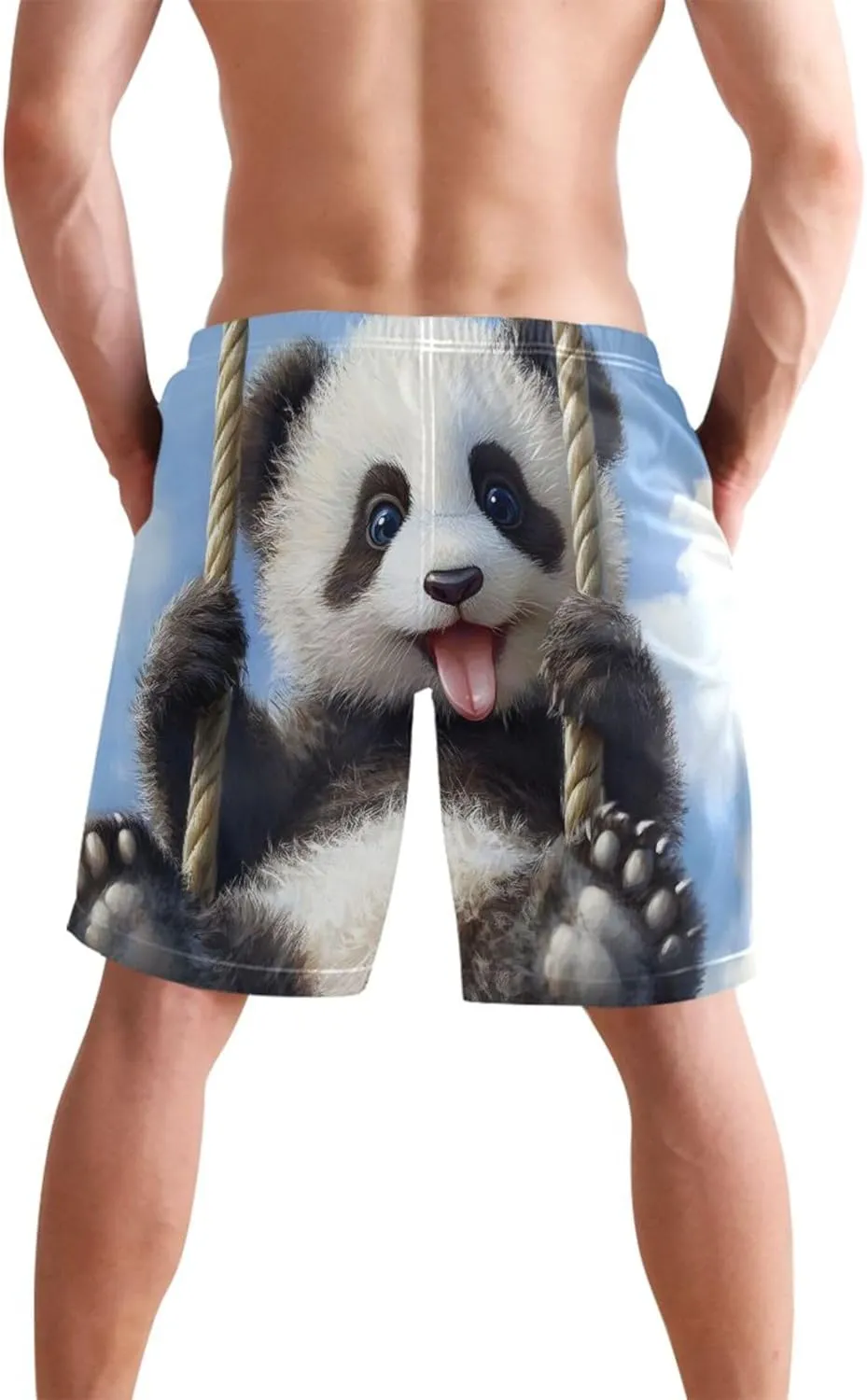 Custom Men's Swim Trunks Funny Playful Panda Swinging Spring Floral Swimming Board Shorts Bathing Suits Swimwear S