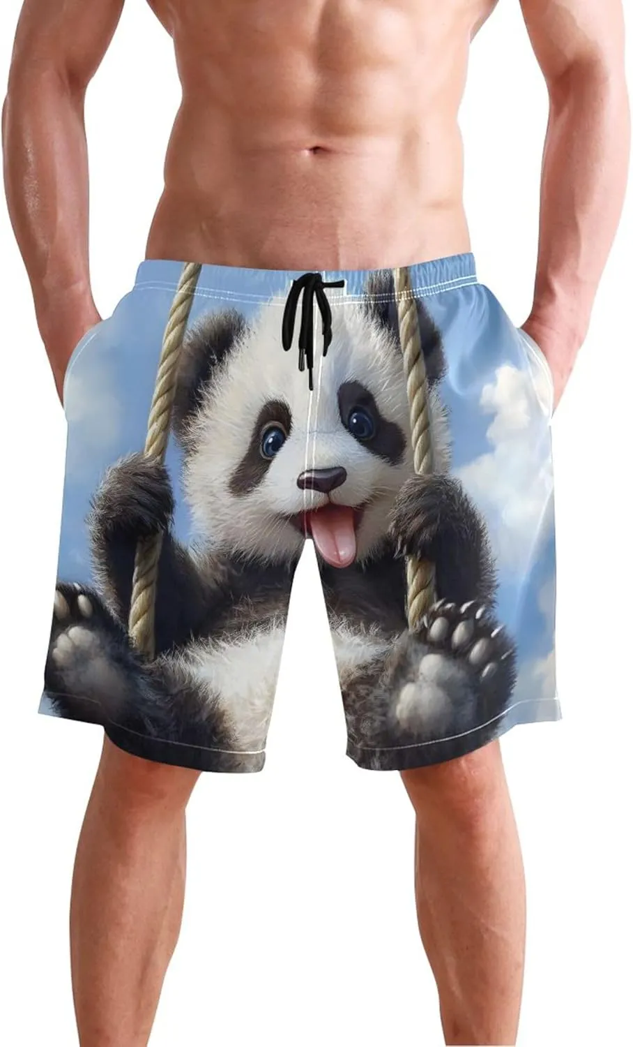 Custom Men's Swim Trunks Funny Playful Panda Swinging Spring Floral Swimming Board Shorts Bathing Suits Swimwear S