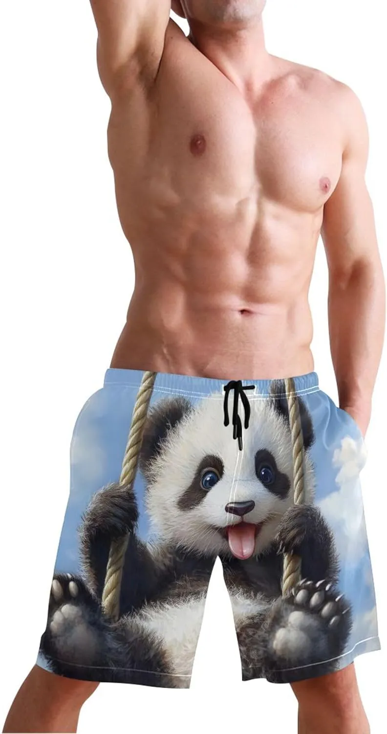Custom Men's Swim Trunks Funny Playful Panda Swinging Spring Floral Swimming Board Shorts Bathing Suits Swimwear S