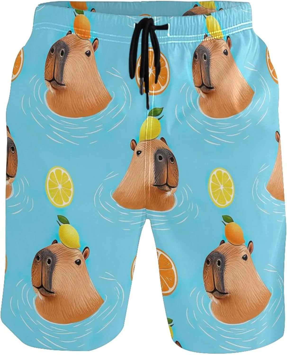 Custom Swim Trunks for Men Playful Capybaras Blue Beach Swimming Trunks Quick Dry Bathing Suit S