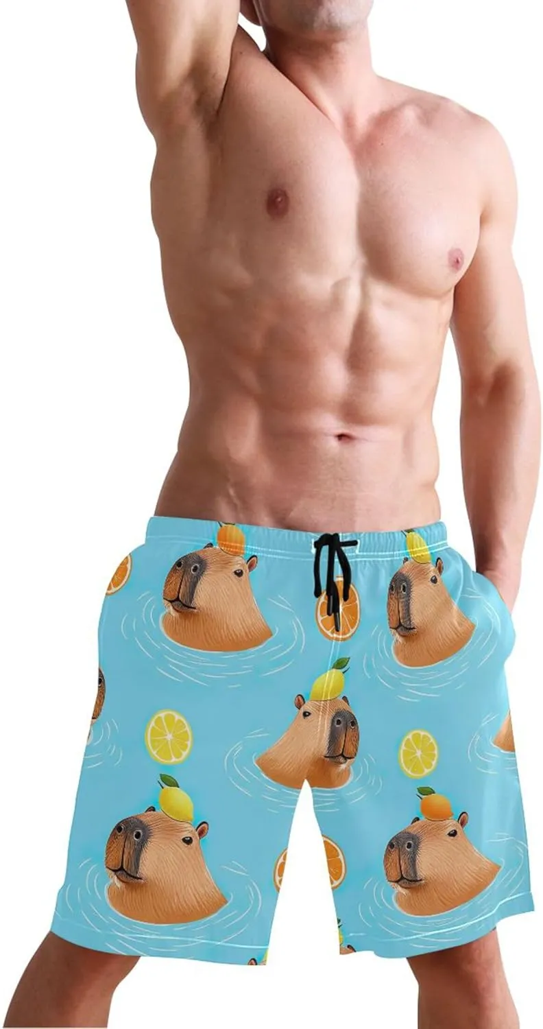 Custom Swim Trunks for Men Playful Capybaras Blue Beach Swimming Trunks Quick Dry Bathing Suit S