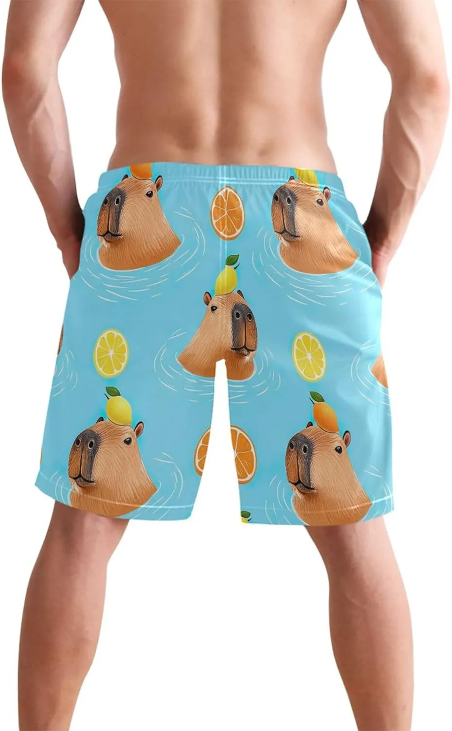 Custom Swim Trunks for Men Playful Capybaras Blue Beach Swimming Trunks Quick Dry Bathing Suit S