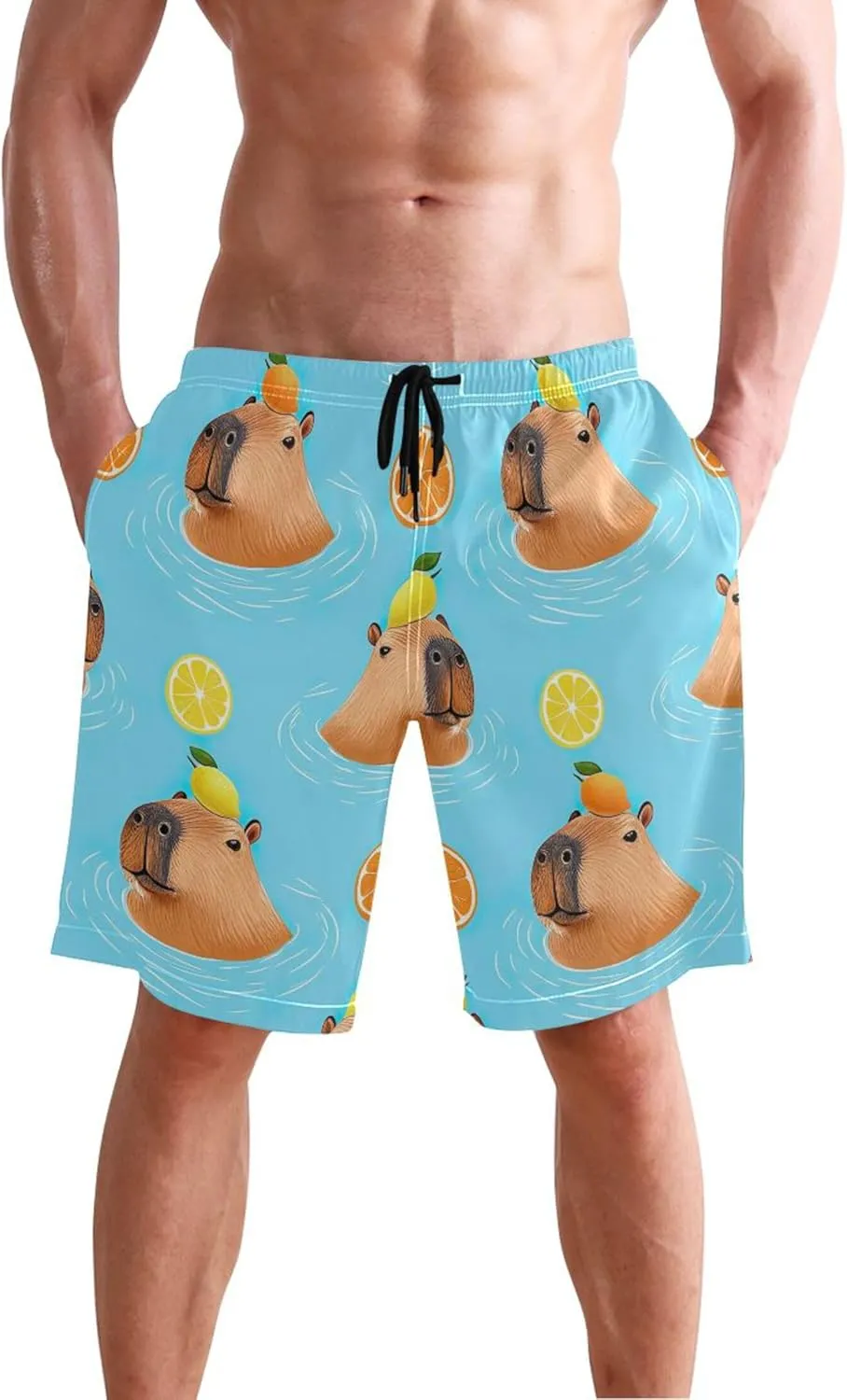 Custom Swim Trunks for Men Playful Capybaras Blue Beach Swimming Trunks Quick Dry Bathing Suit S