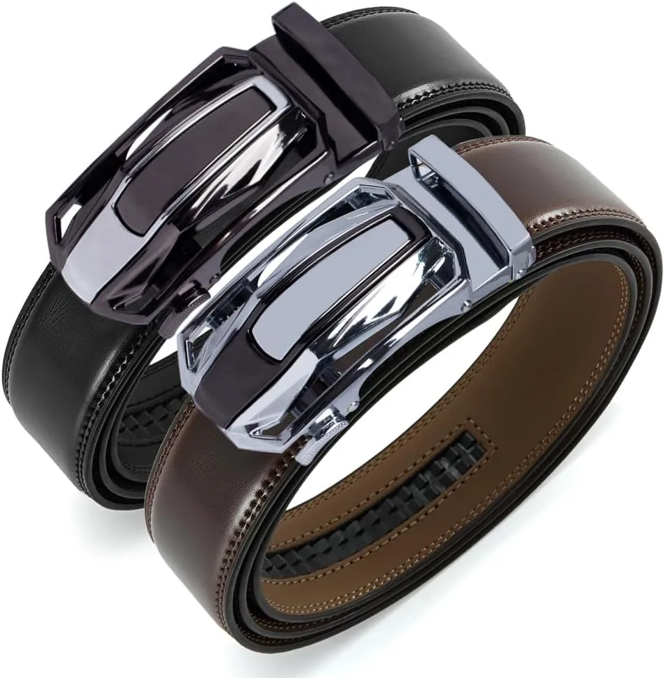 DOOPAI Men's Ratchet Leather Belt Set - 2 Pack Sliding Belt Adjustable For Gift Mens Dress Casual 1 3/8",Cut for Fit