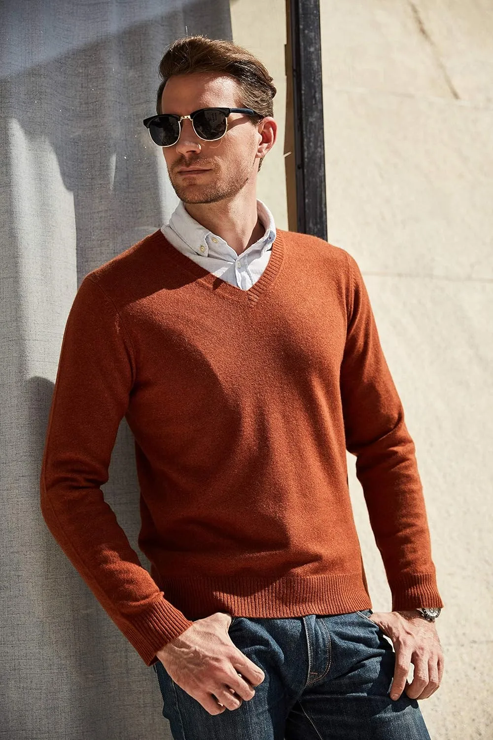 EURKEA Men's V-Neck 100% Cashmere Sweater, Long Sleeve Pullover, Gifts Ready