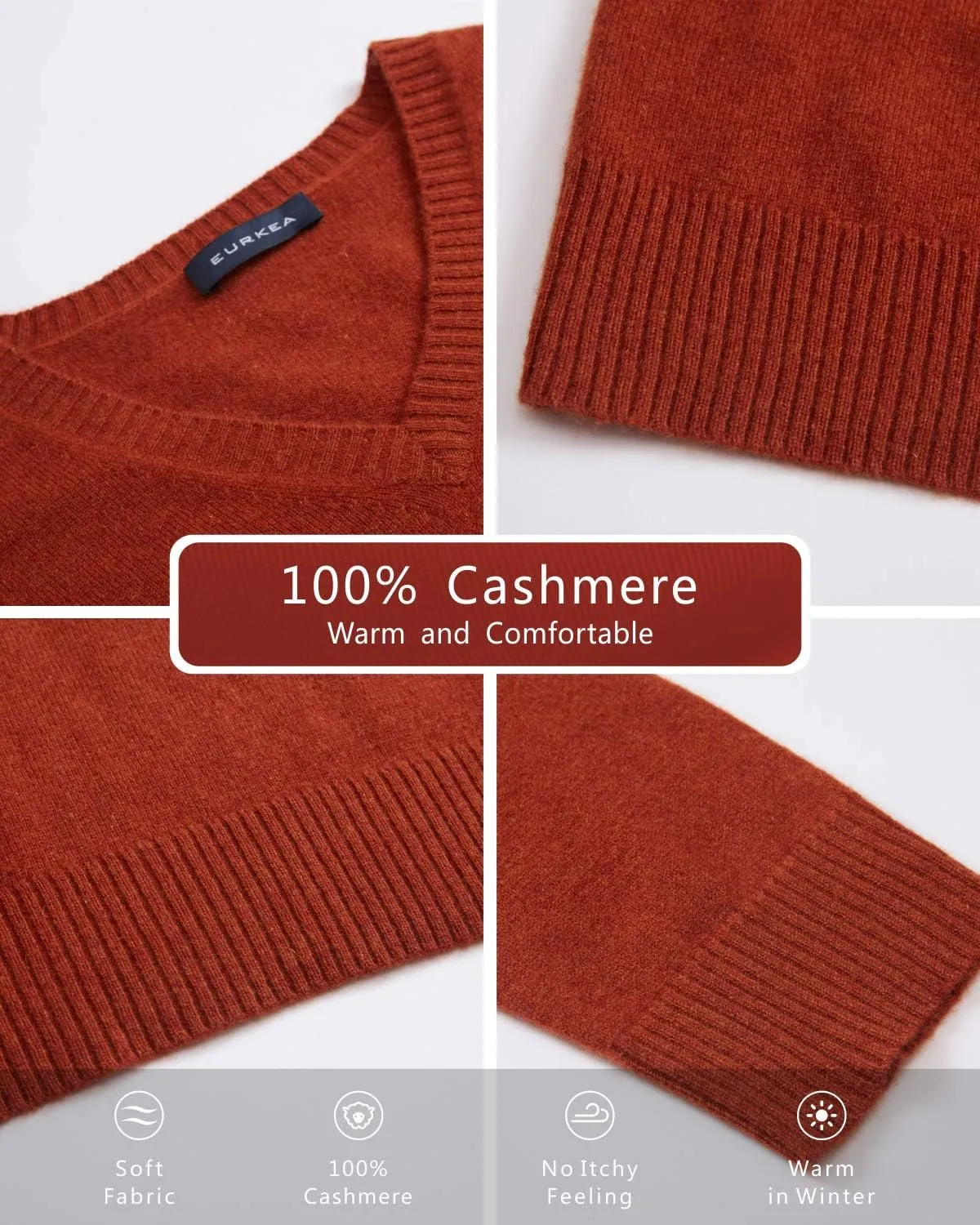 EURKEA Men's V-Neck 100% Cashmere Sweater, Long Sleeve Pullover, Gifts Ready