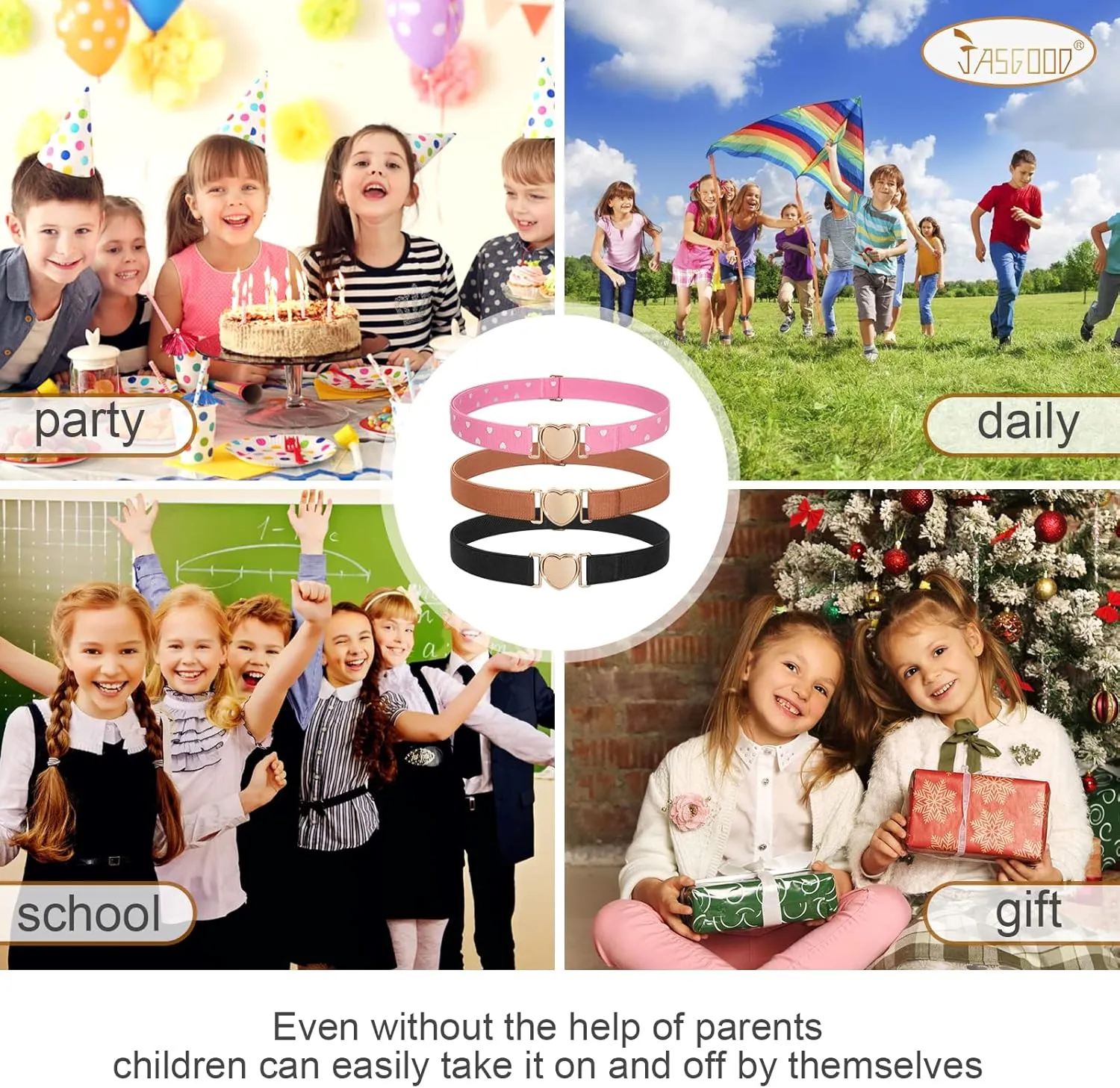 JASGOOD Elastic Belts for Toddler Kids Adjustable Boys Girls Teens Stretch Belts with Heart Buckle for Back to School