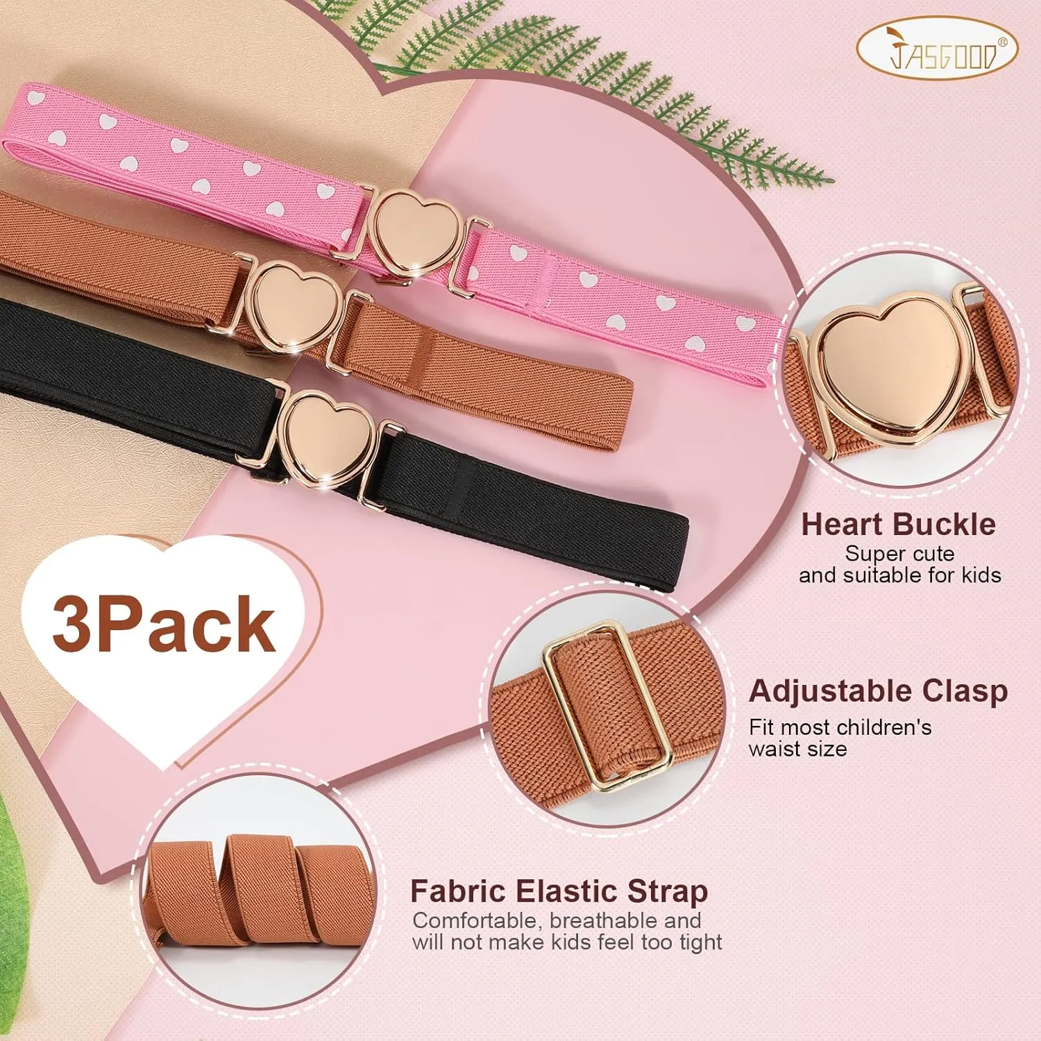 JASGOOD Elastic Belts for Toddler Kids Adjustable Boys Girls Teens Stretch Belts with Heart Buckle for Back to School