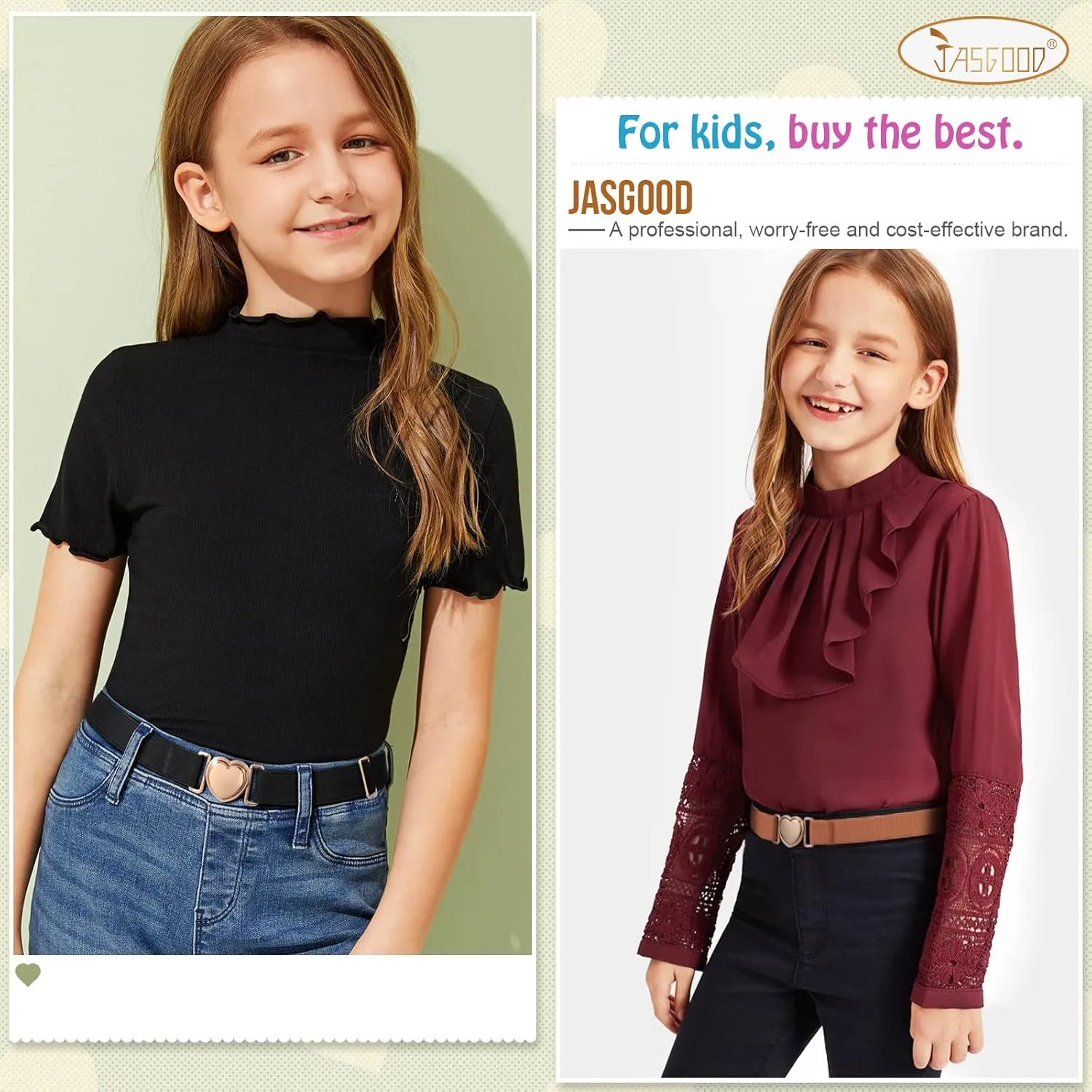 JASGOOD Elastic Belts for Toddler Kids Adjustable Boys Girls Teens Stretch Belts with Heart Buckle for Back to School