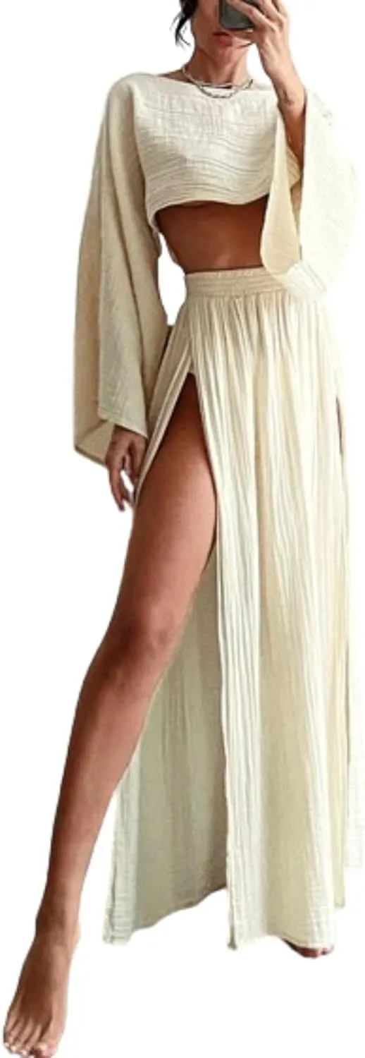 LAPRBY Two Piece Sets for Women Summer Old Money Long Vest Set Boho Maxi Skirt Set Linen Set 2 Piece Sets for Women Going Out (White,Small)
