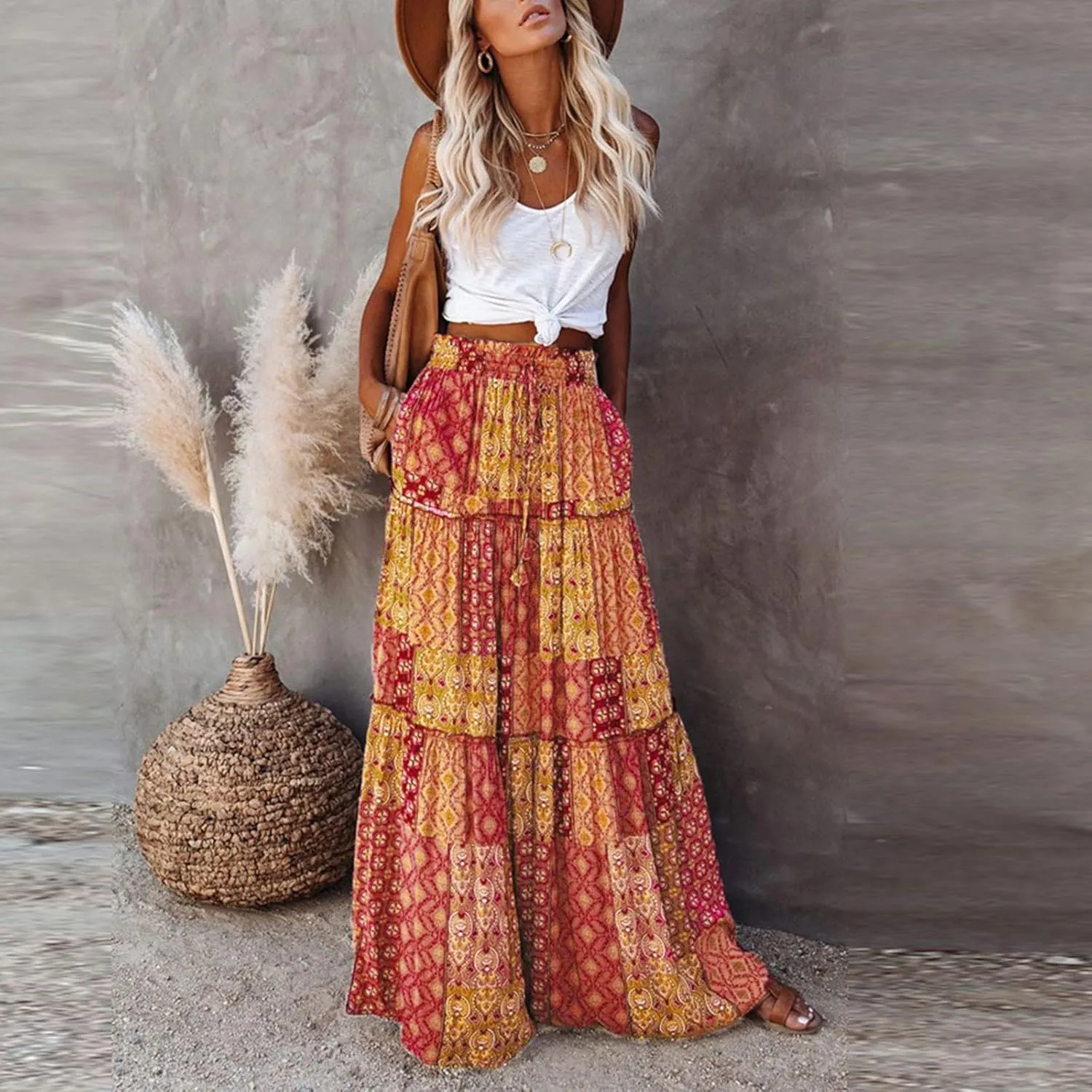 Long Flowy Skirts for Women Smocked High Waisted Maxi Skirt with Pockets Boho Ruffle Tiered Beach A Line Skirt