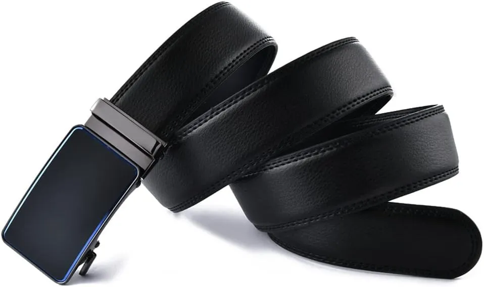 Men's Belt Automatic Buckle Slide Genuine Leather Ratchet Belt for Dress Pants Trim to Fit Adjustable