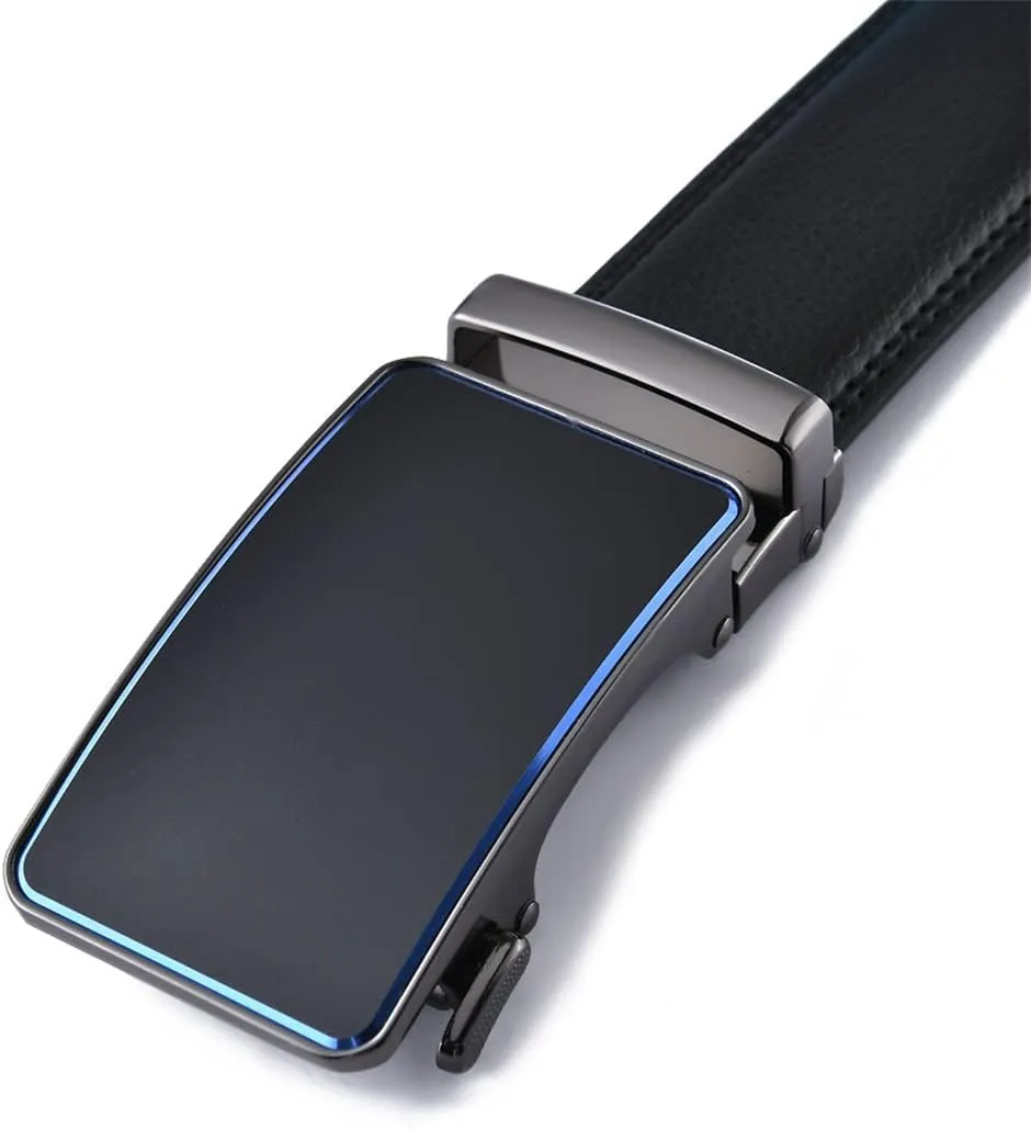 Men's Belt Automatic Buckle Slide Genuine Leather Ratchet Belt for Dress Pants Trim to Fit Adjustable