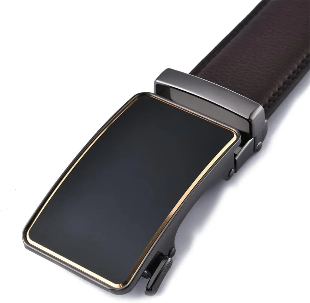 Men's Belt Automatic Buckle Slide Genuine Leather Ratchet Belt for Dress Pants Trim to Fit Adjustable