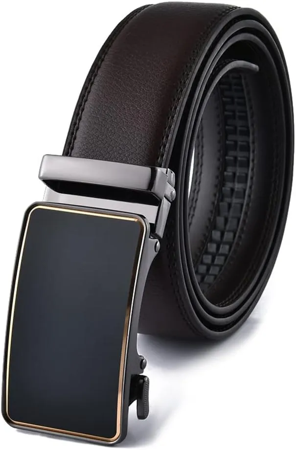 Men's Belt Automatic Buckle Slide Genuine Leather Ratchet Belt for Dress Pants Trim to Fit Adjustable