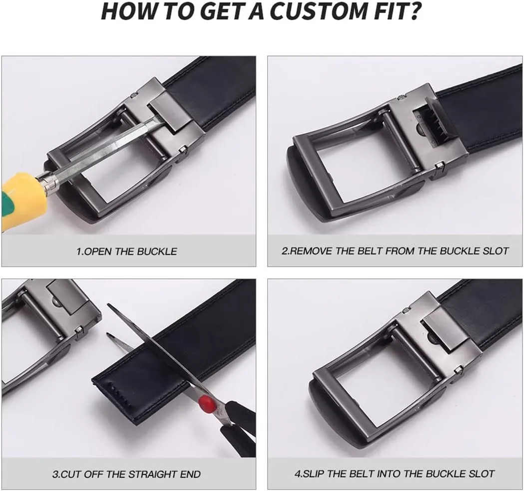 Men's Belt Automatic Buckle Slide Genuine Leather Ratchet Belt for Dress Pants Trim to Fit Adjustable