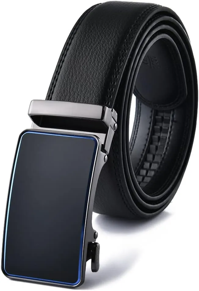 Men's Belt Automatic Buckle Slide Genuine Leather Ratchet Belt for Dress Pants Trim to Fit Adjustable