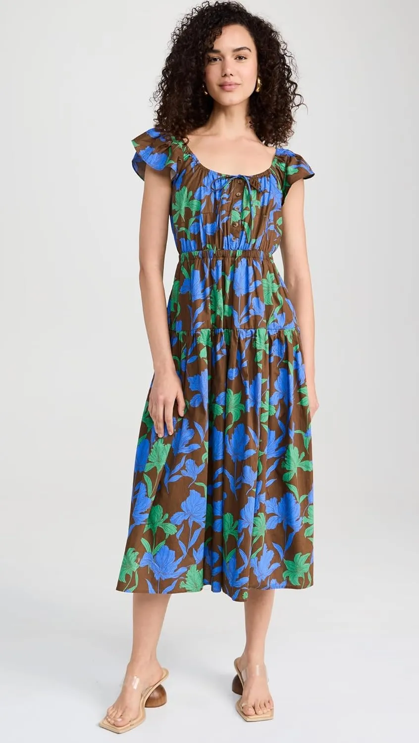 MOON RIVER Women's Button Front Ruffle Midi Dress