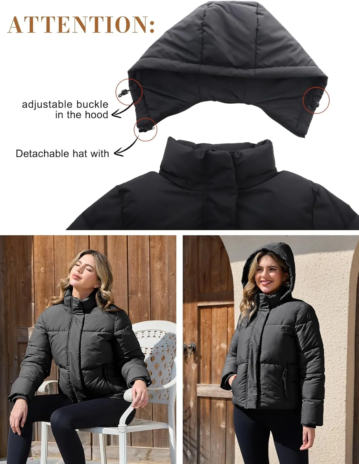 PEHMEA Women's Winter Cropped Puffer Jacket, Full Zip Thicken Short Coat with Detachable Hood