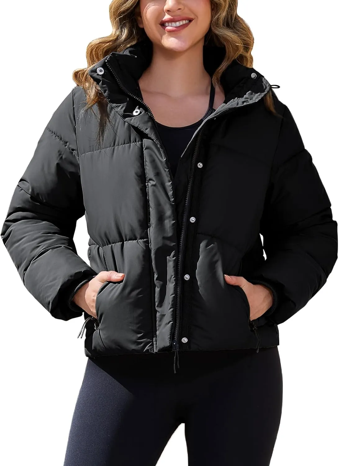 PEHMEA Women's Winter Cropped Puffer Jacket, Full Zip Thicken Short Coat with Detachable Hood