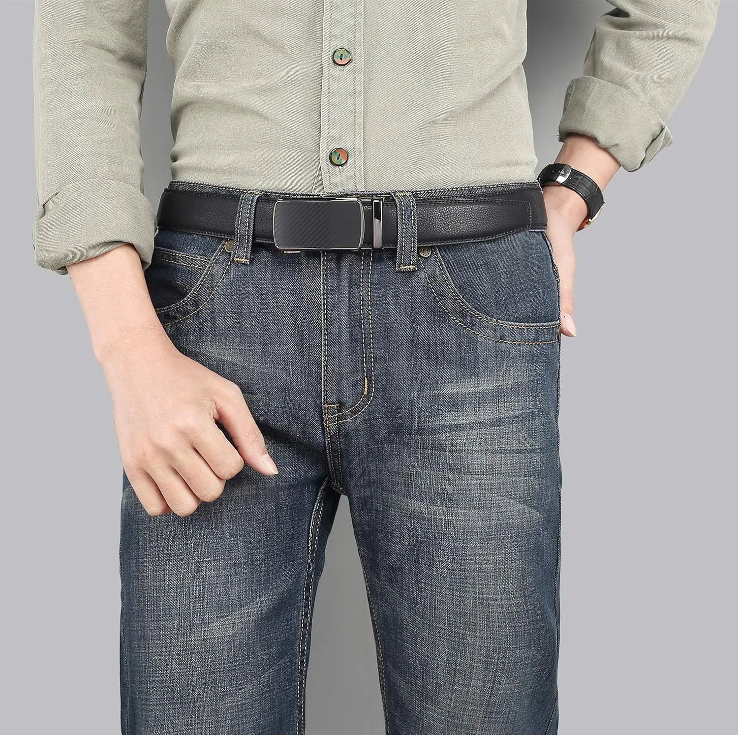 Ratchet Belt for Men, Leather Dress Casual Belt with Adjustable Buckle-Trim to fit-35cm wide