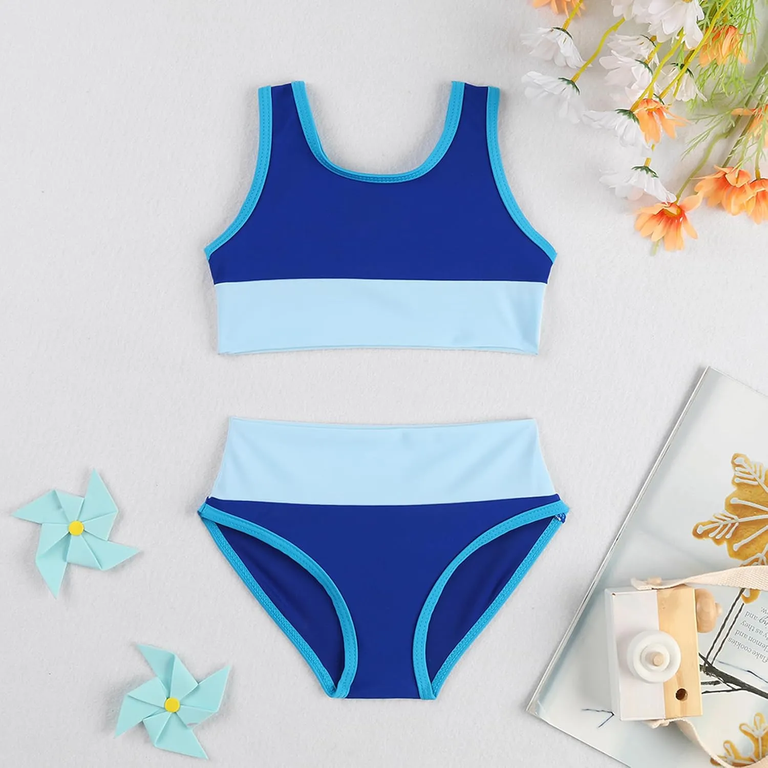 Toddler Girls Swimsuit Casual Swimwear Kids Two Piece Color Block Bathing Suits Beach Bikini Set