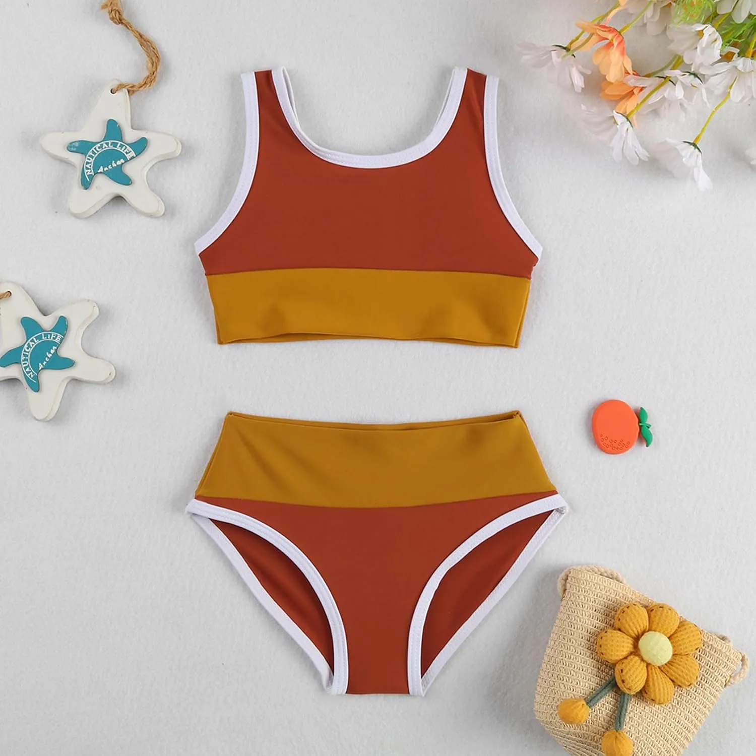 Toddler Girls Swimsuit Casual Swimwear Kids Two Piece Color Block Bathing Suits Beach Bikini Set