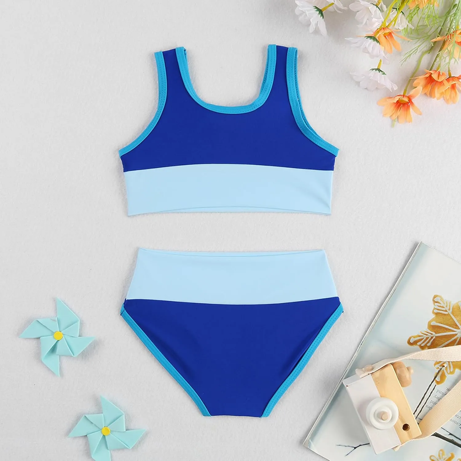 Toddler Girls Swimsuit Casual Swimwear Kids Two Piece Color Block Bathing Suits Beach Bikini Set