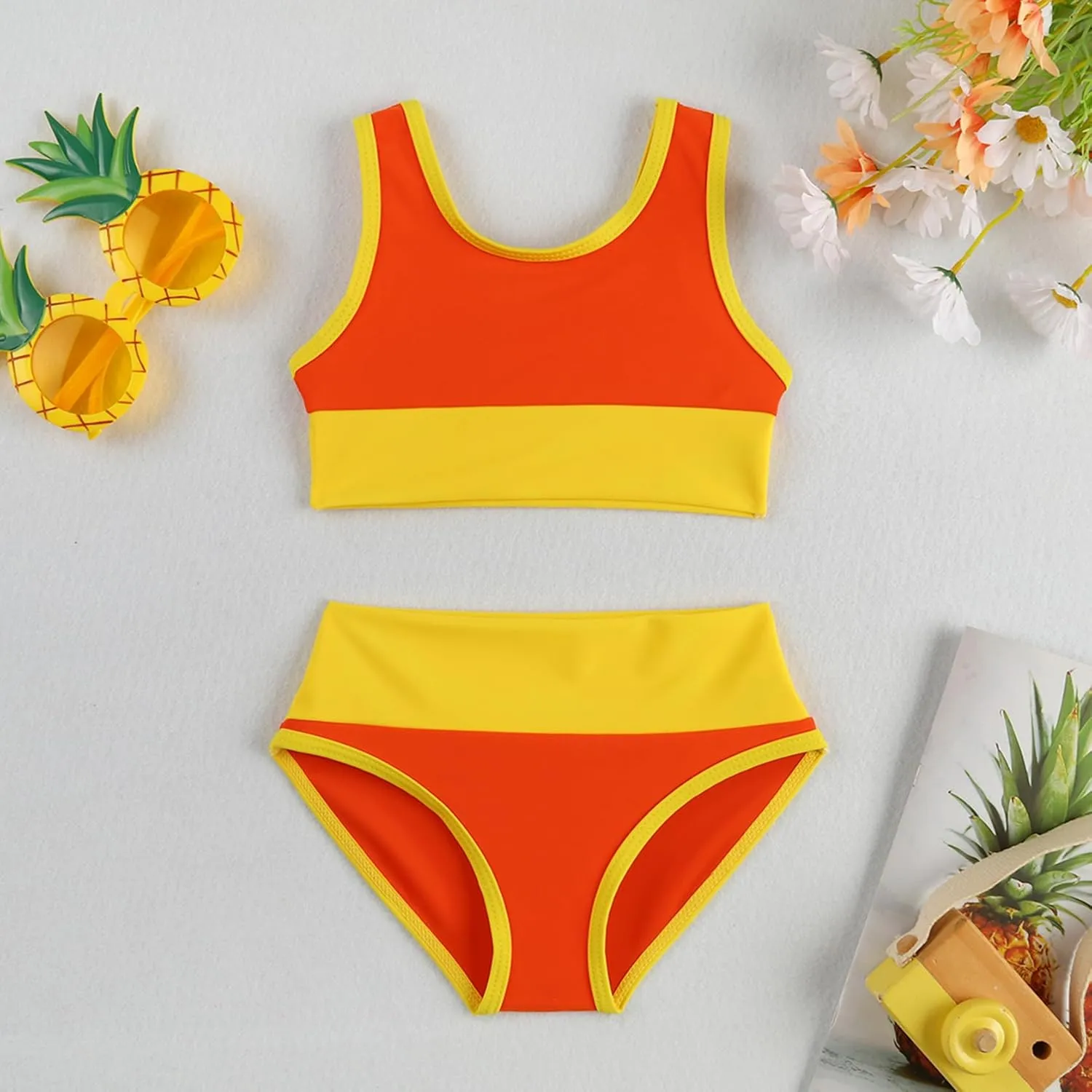 Toddler Girls Swimsuit Casual Swimwear Kids Two Piece Color Block Bathing Suits Beach Bikini Set