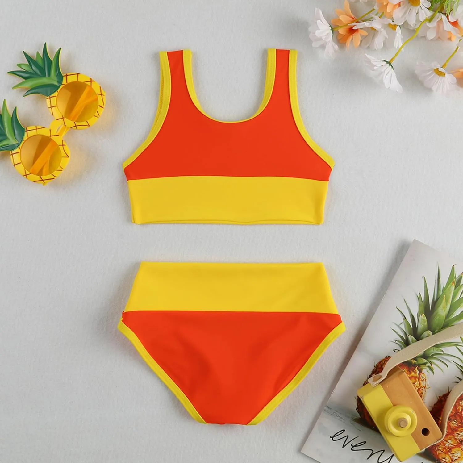 Toddler Girls Swimsuit Casual Swimwear Kids Two Piece Color Block Bathing Suits Beach Bikini Set