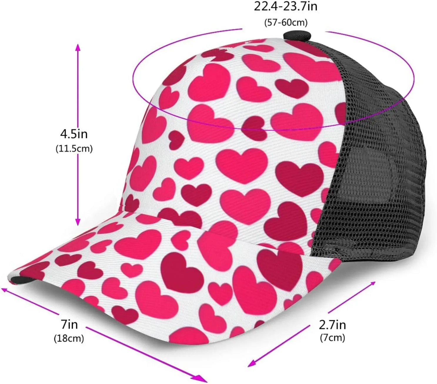 Valentine's Day Baseball Cap Mesh Hearts Snapback Hat Sun Hat Protection Golf Ball Cap for Men Women