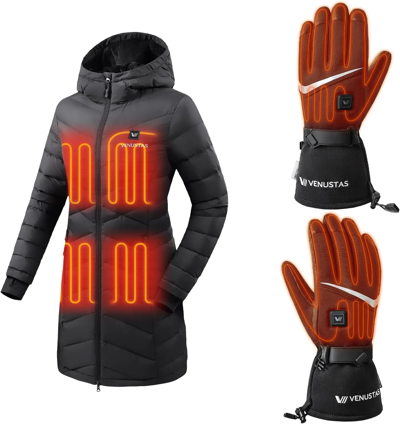 Venustas Women's Heated Down Jacket(Black, 2XL) & Heated Gloves(Black, L), 90% Duck Down Puffer Coat with Battery for Skiing & Winter