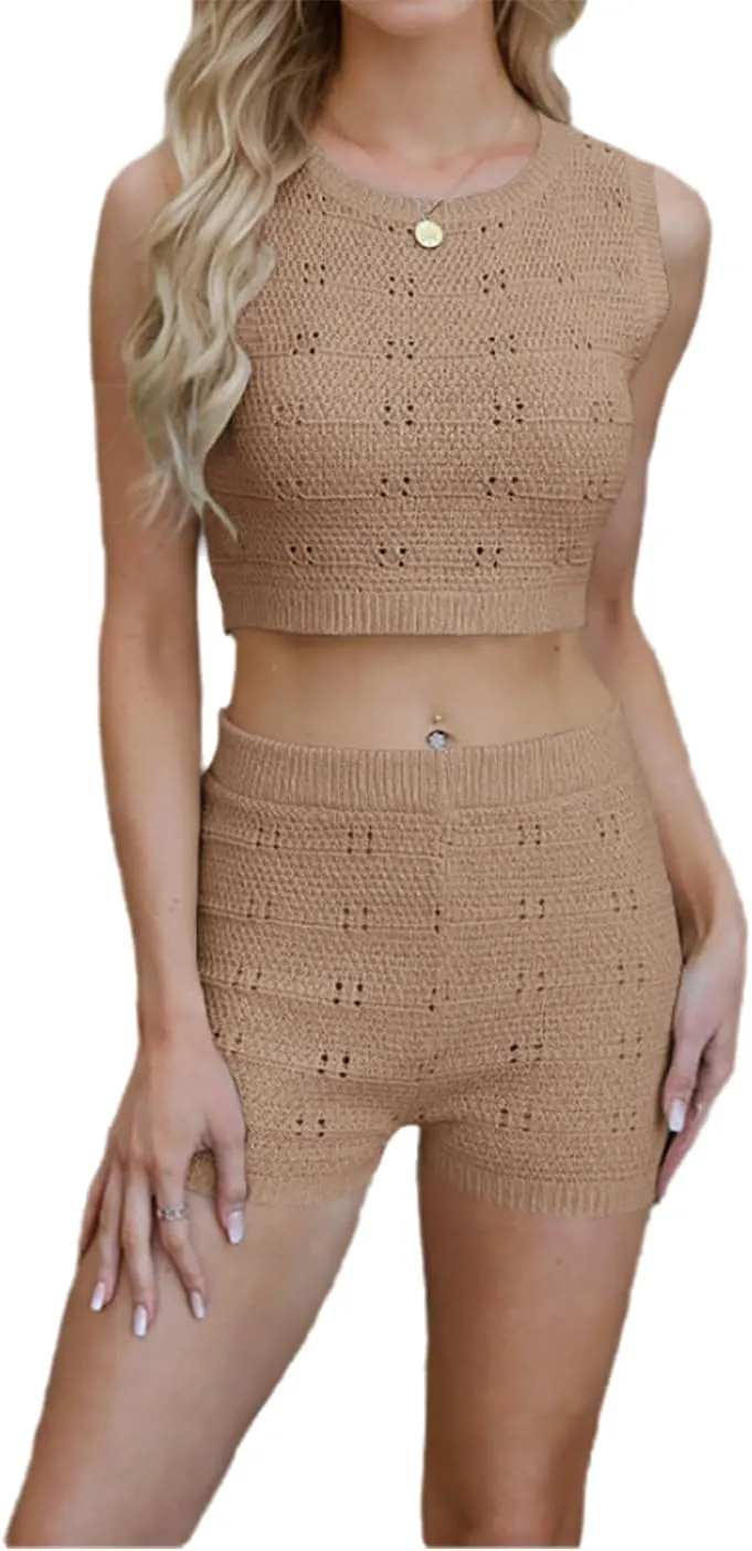 Womens 2 Piece Outfits Summer Fashion 2025 Knit Crop Tank Tops Beach Shorts Set Vacation Travel Resort Loungewear