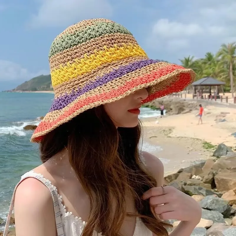 Womens Summer Beach Sun Straw Hats Colorful Crochet Bucket Hat UPF 50  Wide Brim Sun Hat Foldable Packable Beach Cap