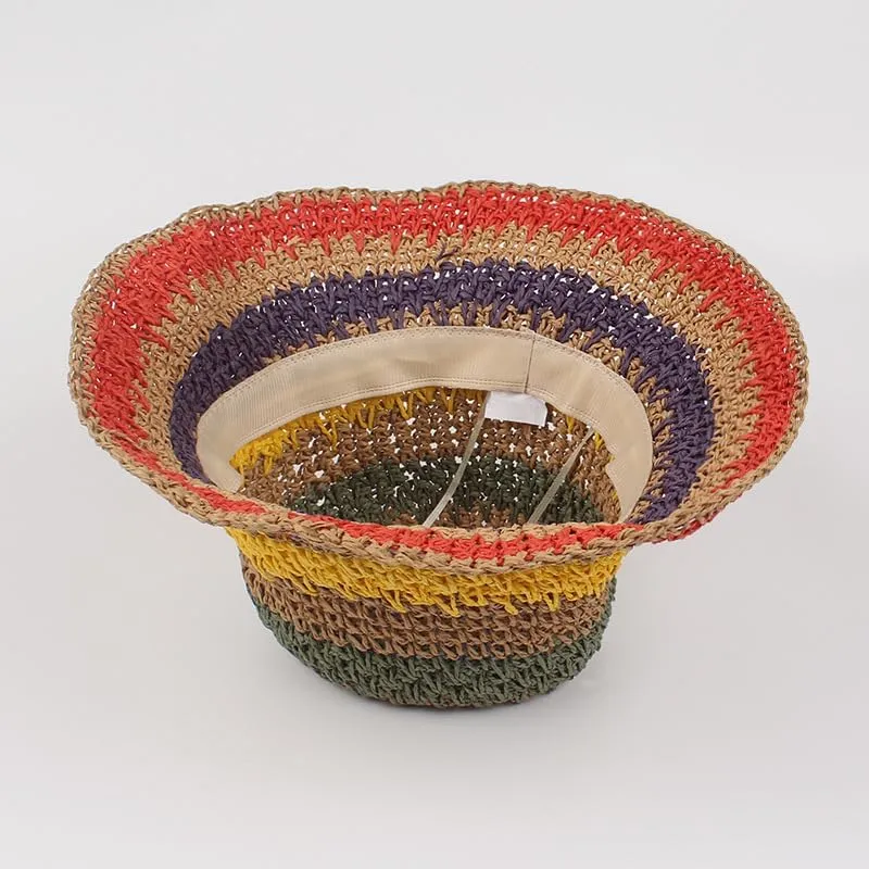 Womens Summer Beach Sun Straw Hats Colorful Crochet Bucket Hat UPF 50  Wide Brim Sun Hat Foldable Packable Beach Cap