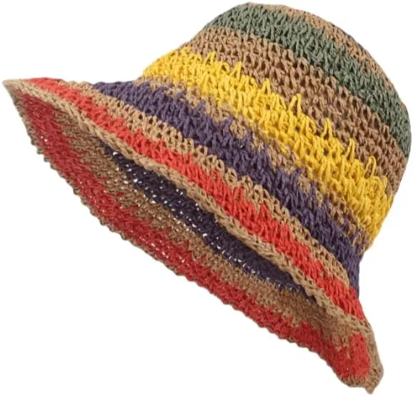 Womens Summer Beach Sun Straw Hats Colorful Crochet Bucket Hat UPF 50  Wide Brim Sun Hat Foldable Packable Beach Cap