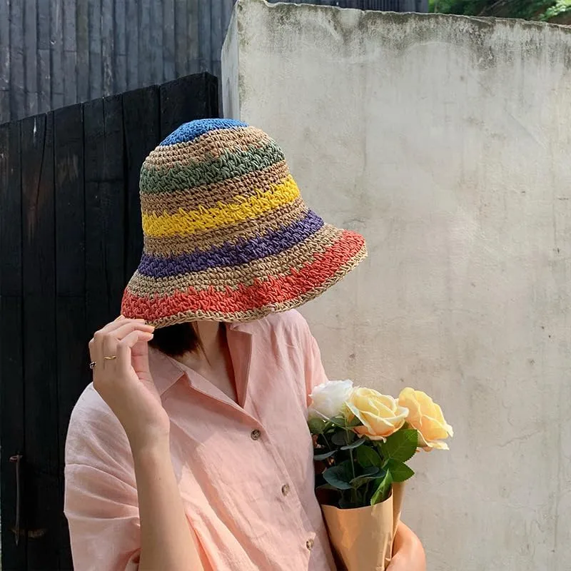 Womens Summer Beach Sun Straw Hats Colorful Crochet Bucket Hat UPF 50  Wide Brim Sun Hat Foldable Packable Beach Cap