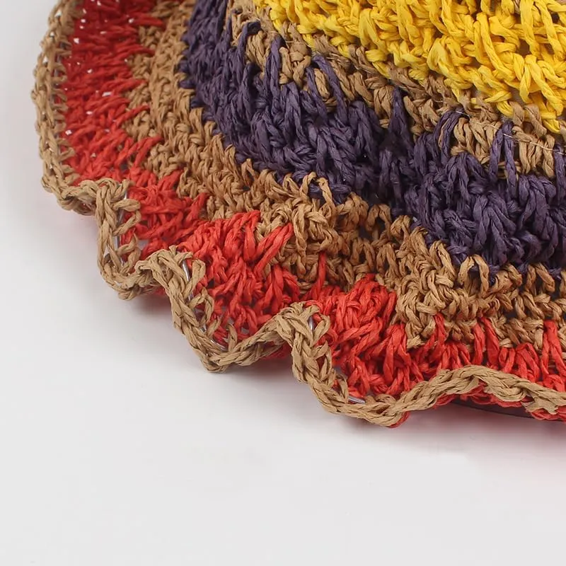 Womens Summer Beach Sun Straw Hats Colorful Crochet Bucket Hat UPF 50  Wide Brim Sun Hat Foldable Packable Beach Cap