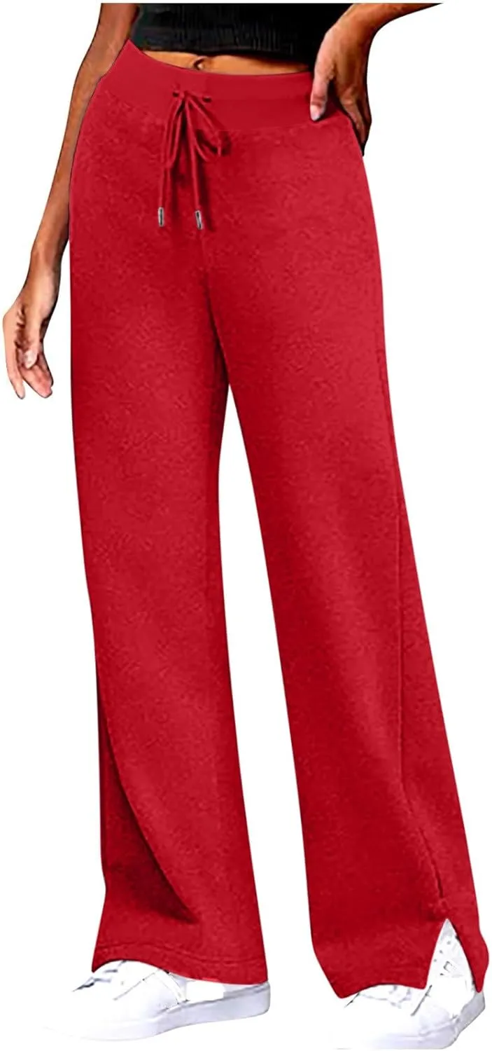 Women's Sweatpant 2024 Trendy Straight Leg Solid Trousers Drawstring Elastic Slit Leg Casual Pant with Pockets