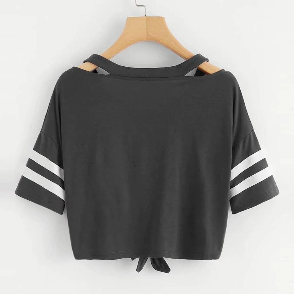 Womens T Shirts Tie Front Short Sleeve Cotton Casual Playful Criss Cross Detail Summer Streetwear Style Tops