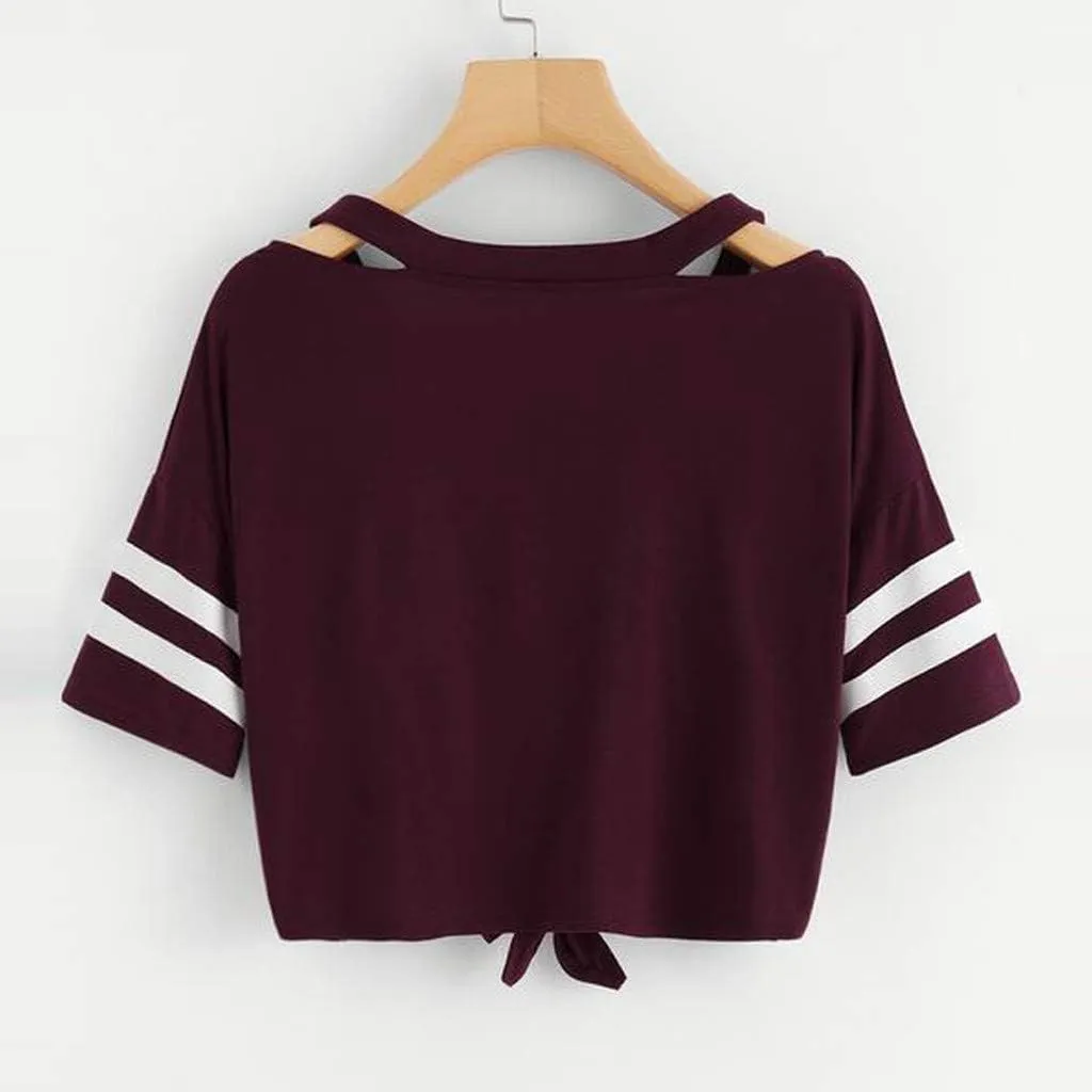 Womens T Shirts Tie Front Short Sleeve Cotton Casual Playful Criss Cross Detail Summer Streetwear Style Tops