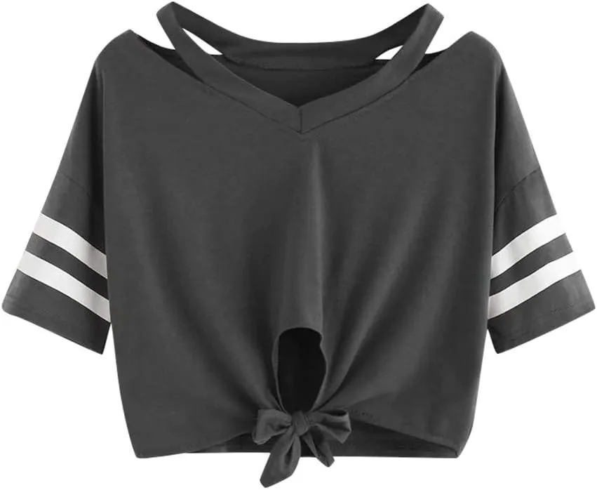 Womens T Shirts Tie Front Short Sleeve Cotton Casual Playful Criss Cross Detail Summer Streetwear Style Tops