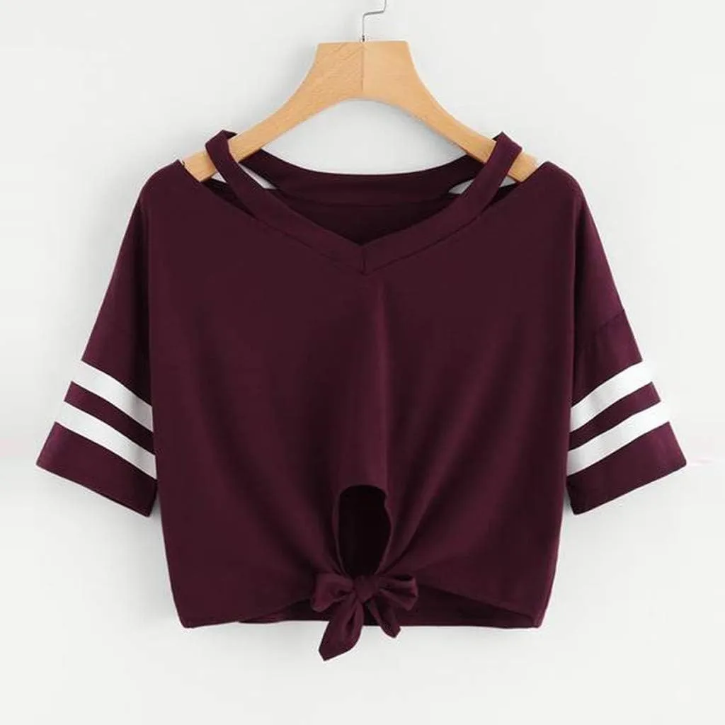 Womens T Shirts Tie Front Short Sleeve Cotton Casual Playful Criss Cross Detail Summer Streetwear Style Tops